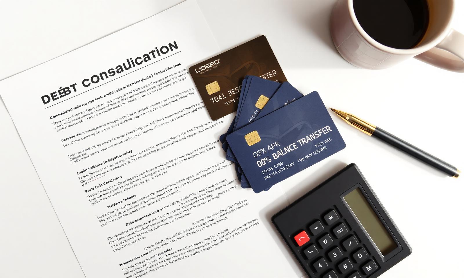 Debt consolidation loan document beside credit cards and a balance-transfer offer