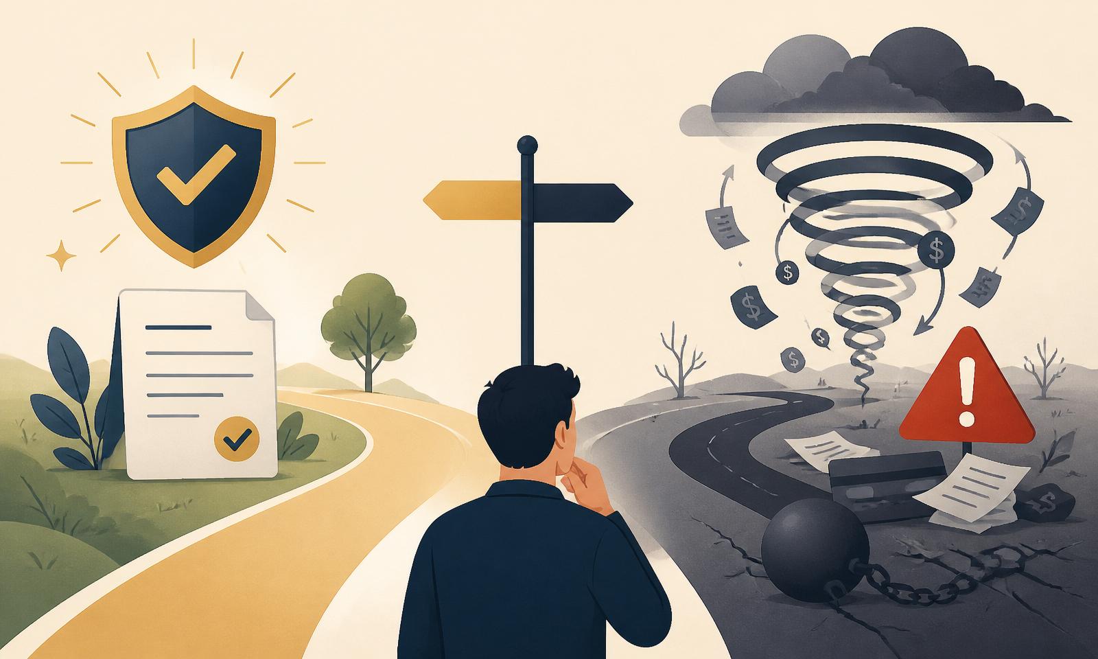 Illustration contrasting an emergency loan path with a payday loan debt spiral