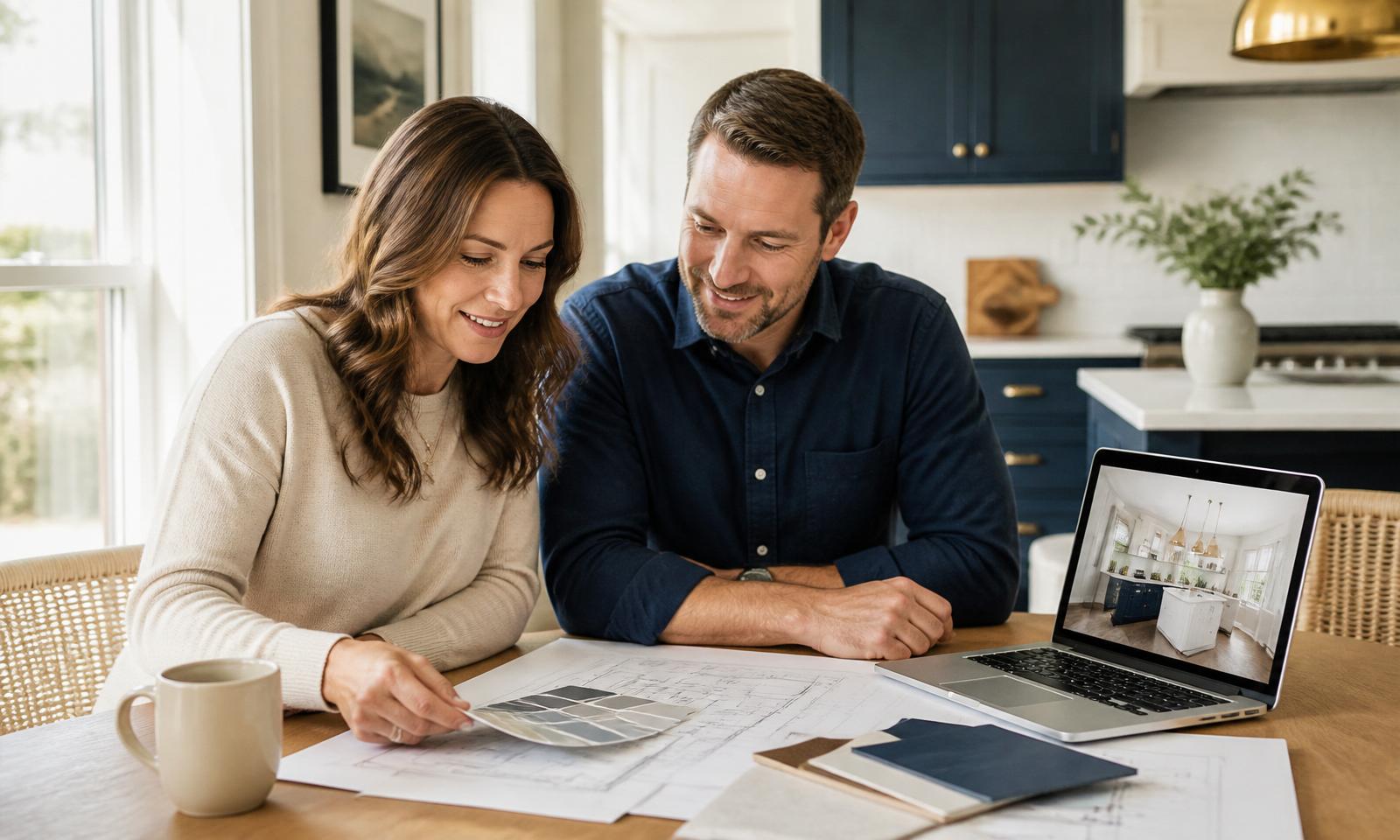 Homeowners reviewing renovation plans and paint swatches