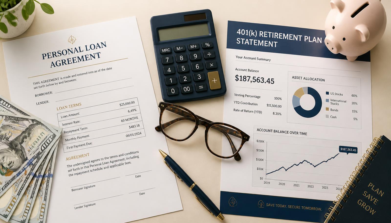 Personal loan agreement beside a 401(k) statement and piggy bank