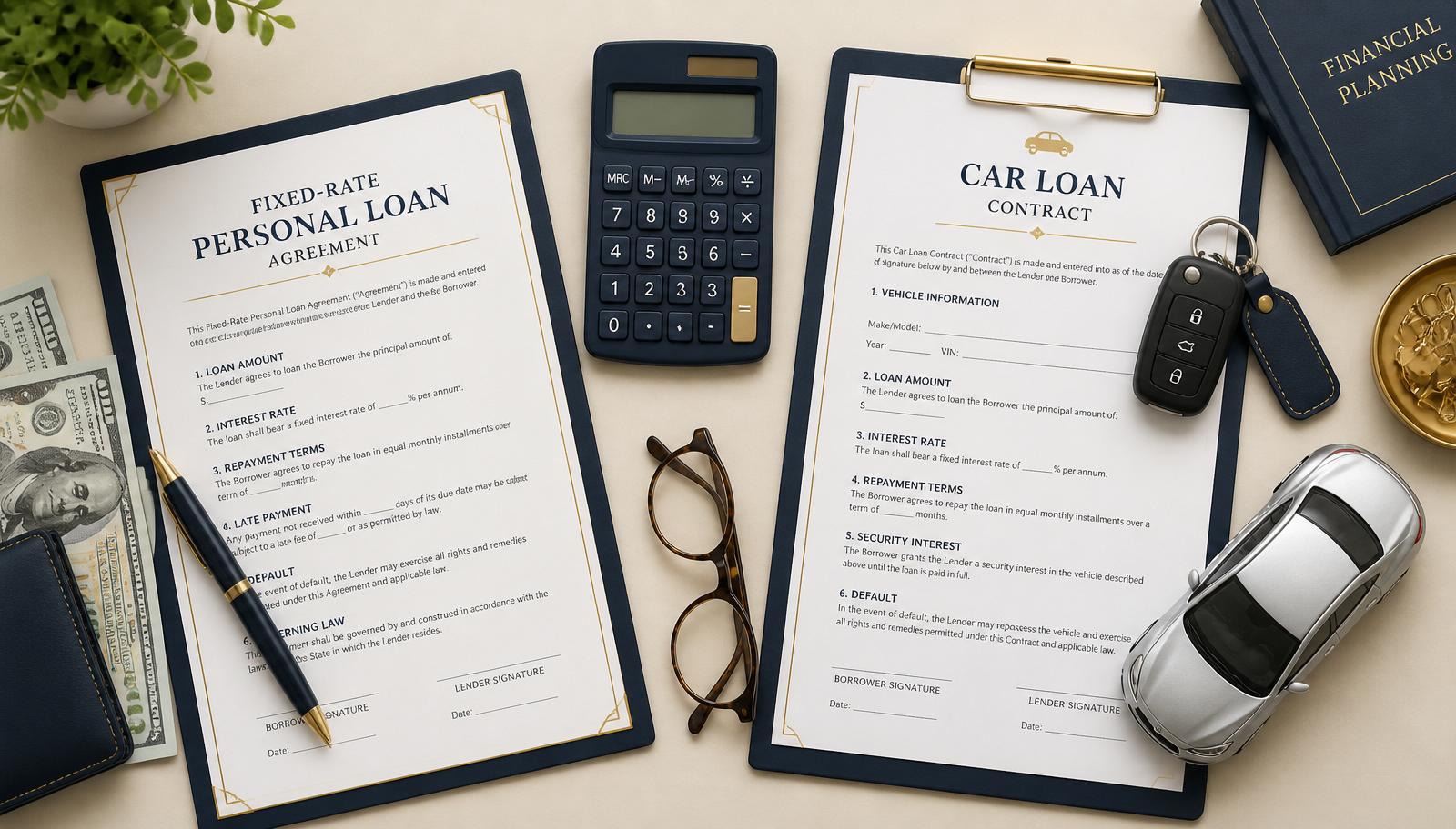 Personal loan agreement beside a car loan contract with keys and a car model