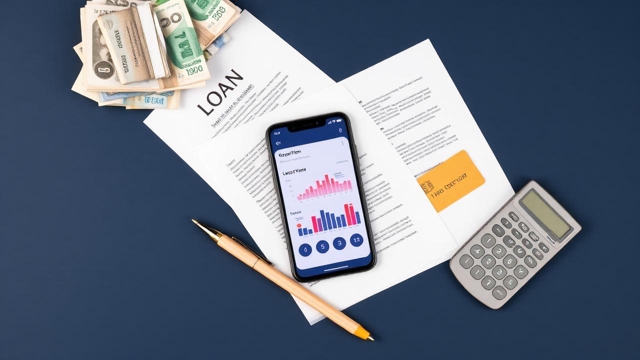 Personal loan agreement beside a smartphone with a cash advance app and a credit card