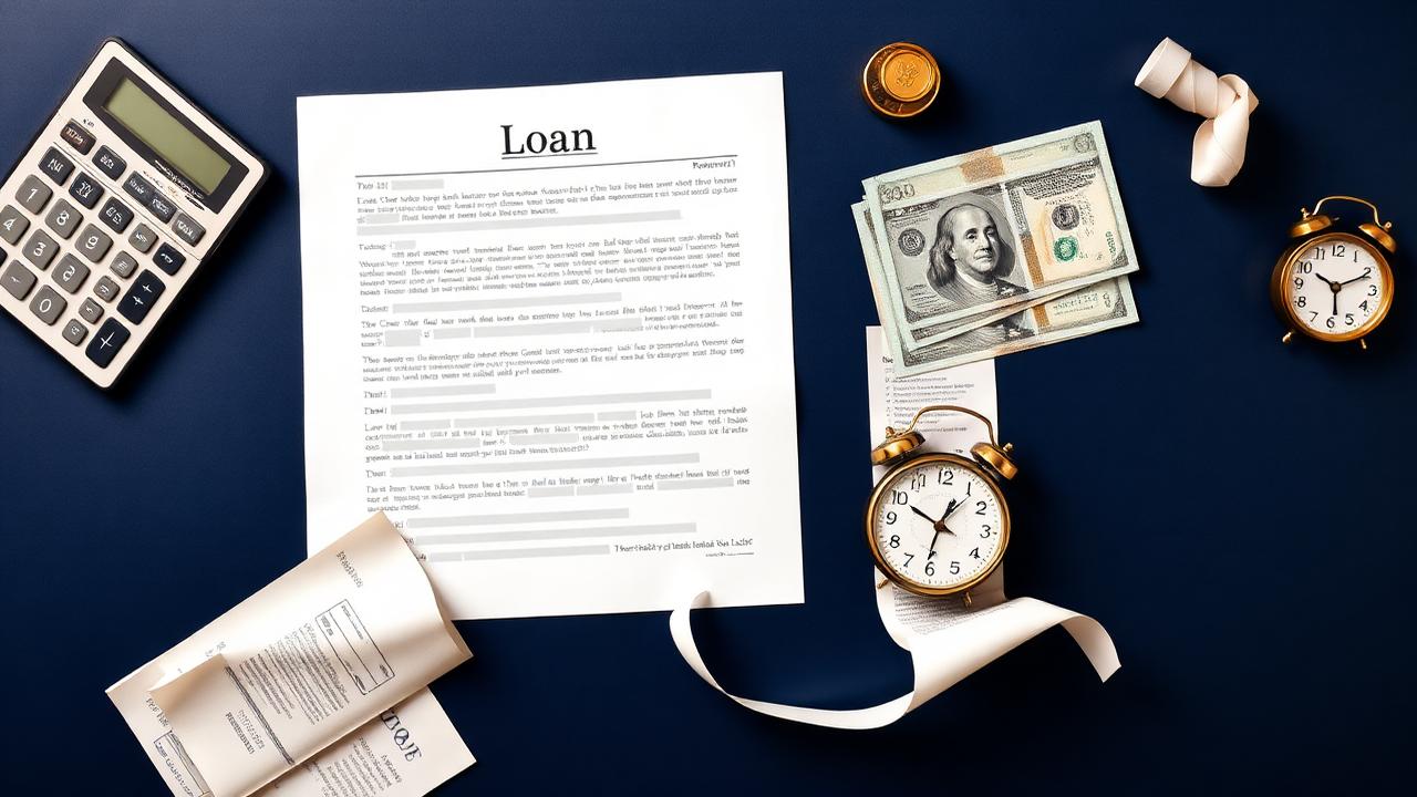 Personal loan agreement beside a payday loan receipt and calculator