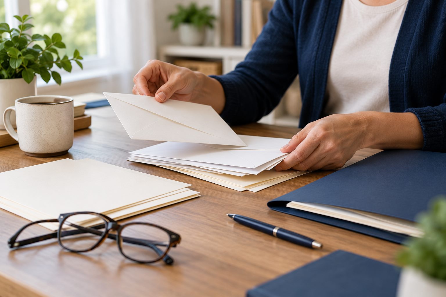Hands sorting envelopes and papers beside a folder and eyeglasses