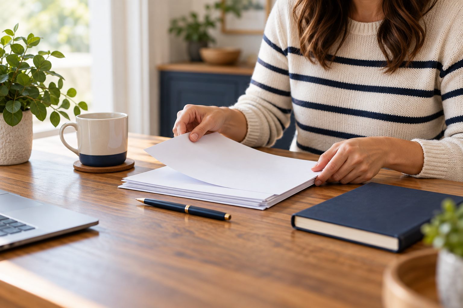 Hands organizing blank papers beside a notebook and pen at a home desk