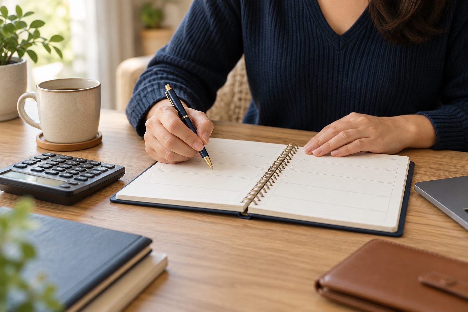 Hands using a planner beside a calculator during household budgeting